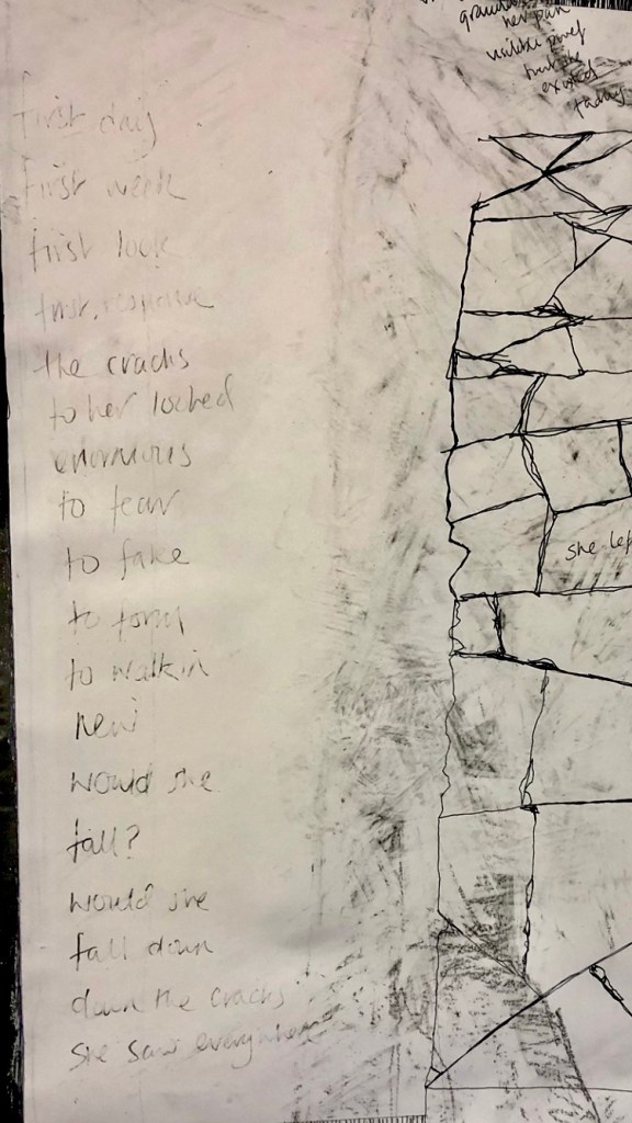 first day
first week
first look
first response
the cracks
to her looked 
enormous
to fear
to fake
to form 
to walk in
new 
would she
fall?
would she
fall down
down the cracks 
she saw everywhere