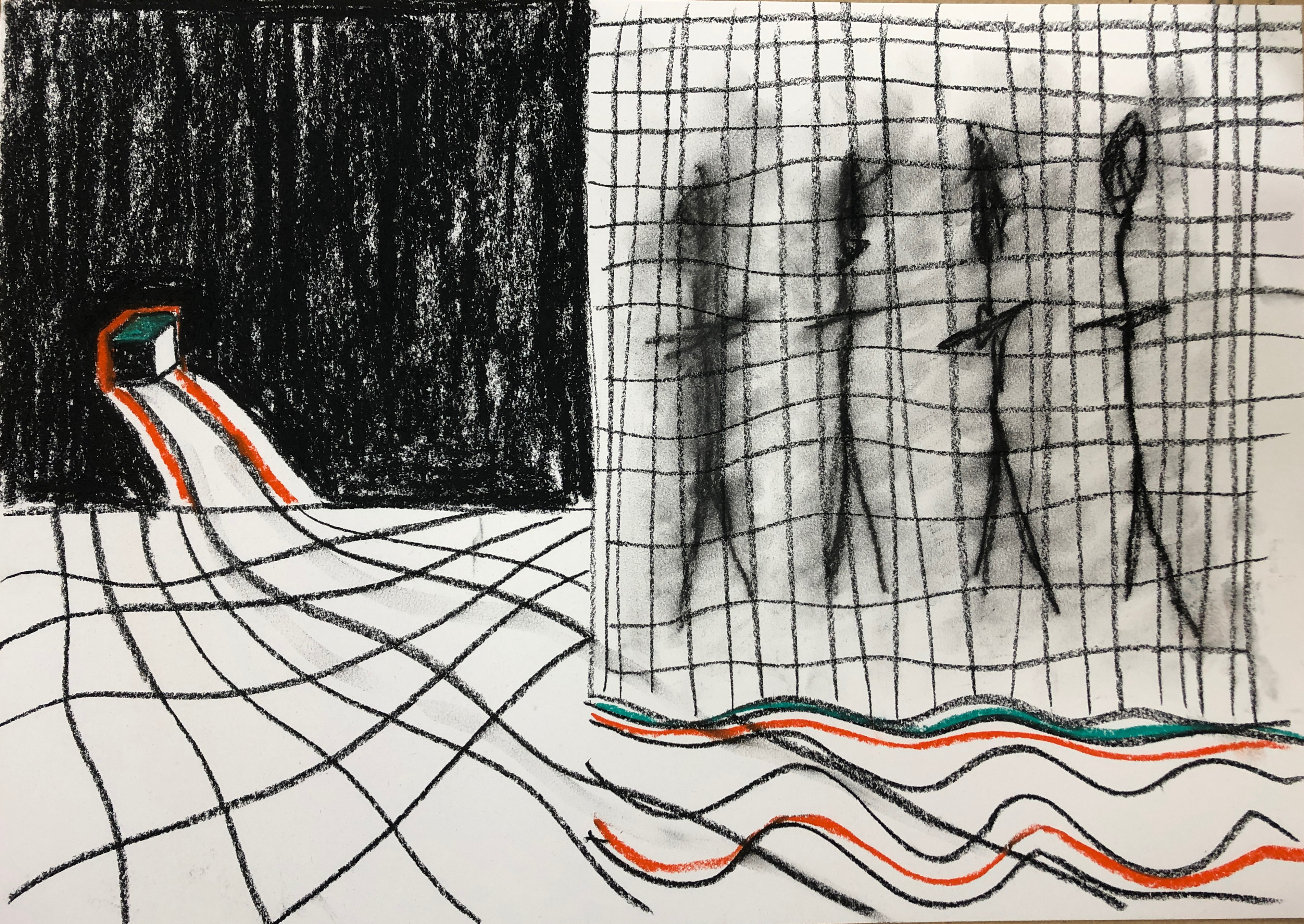 small box on a black background in left hand side, lines issuing from the box forwards towards the front of the page, grid on right hand side like a curtain with graphic stick like people. Wavy lines at the Bottom of this 'curtain' that stop at the curtain.